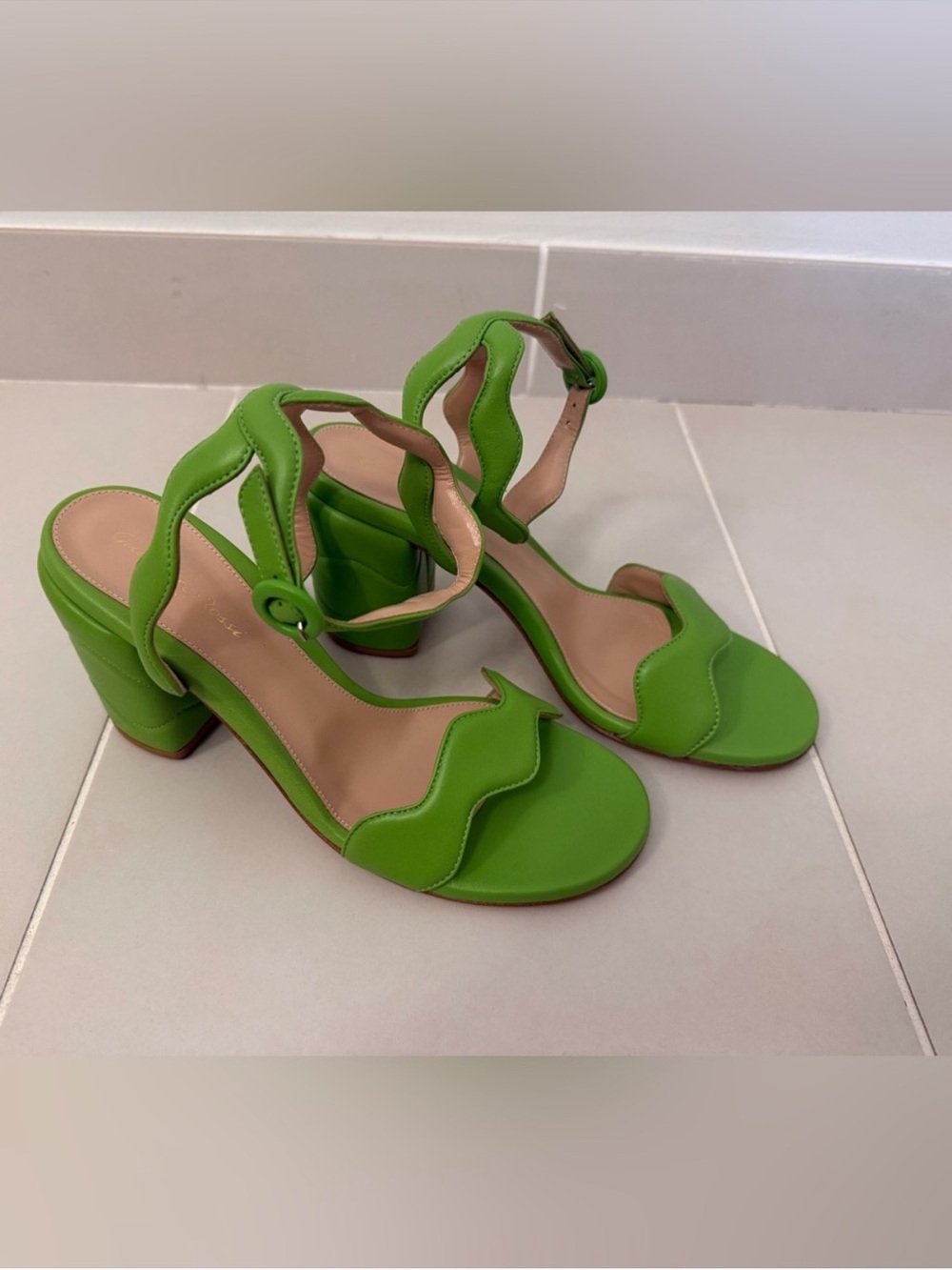 Gianvito Rossi Lime Green Wavy Strap Block Heel Sandals